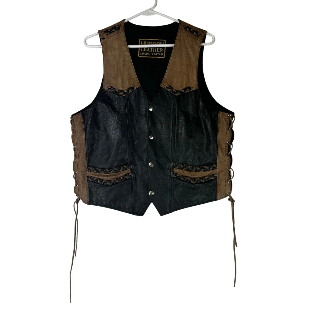Hudson Leather Harley Davidson Motorcycle Vest Men's Biker Laced Sides Patches S